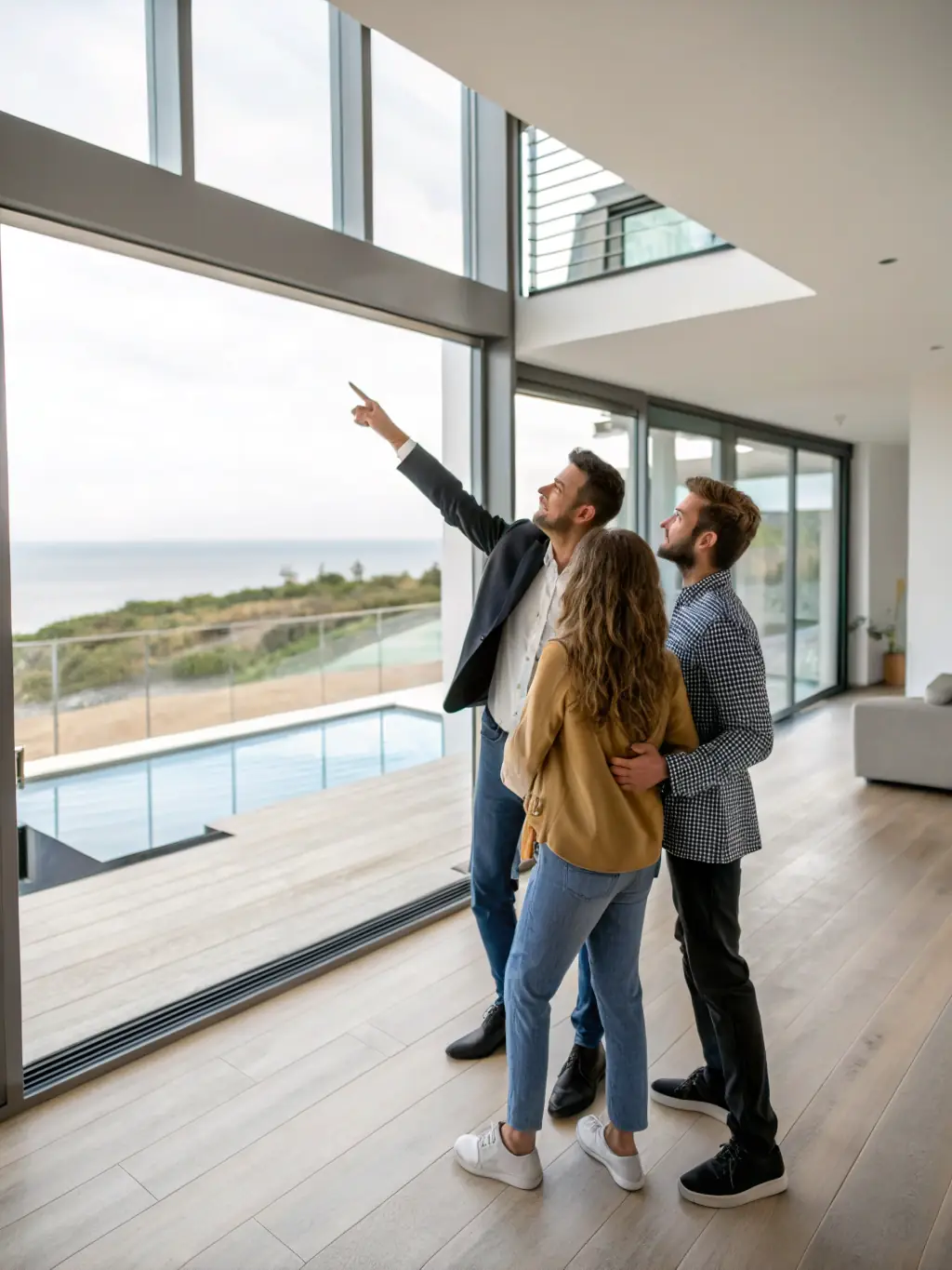 A friendly real estate agent showing a client around a modern apartment in Madrid, discussing the features and benefits of the property.