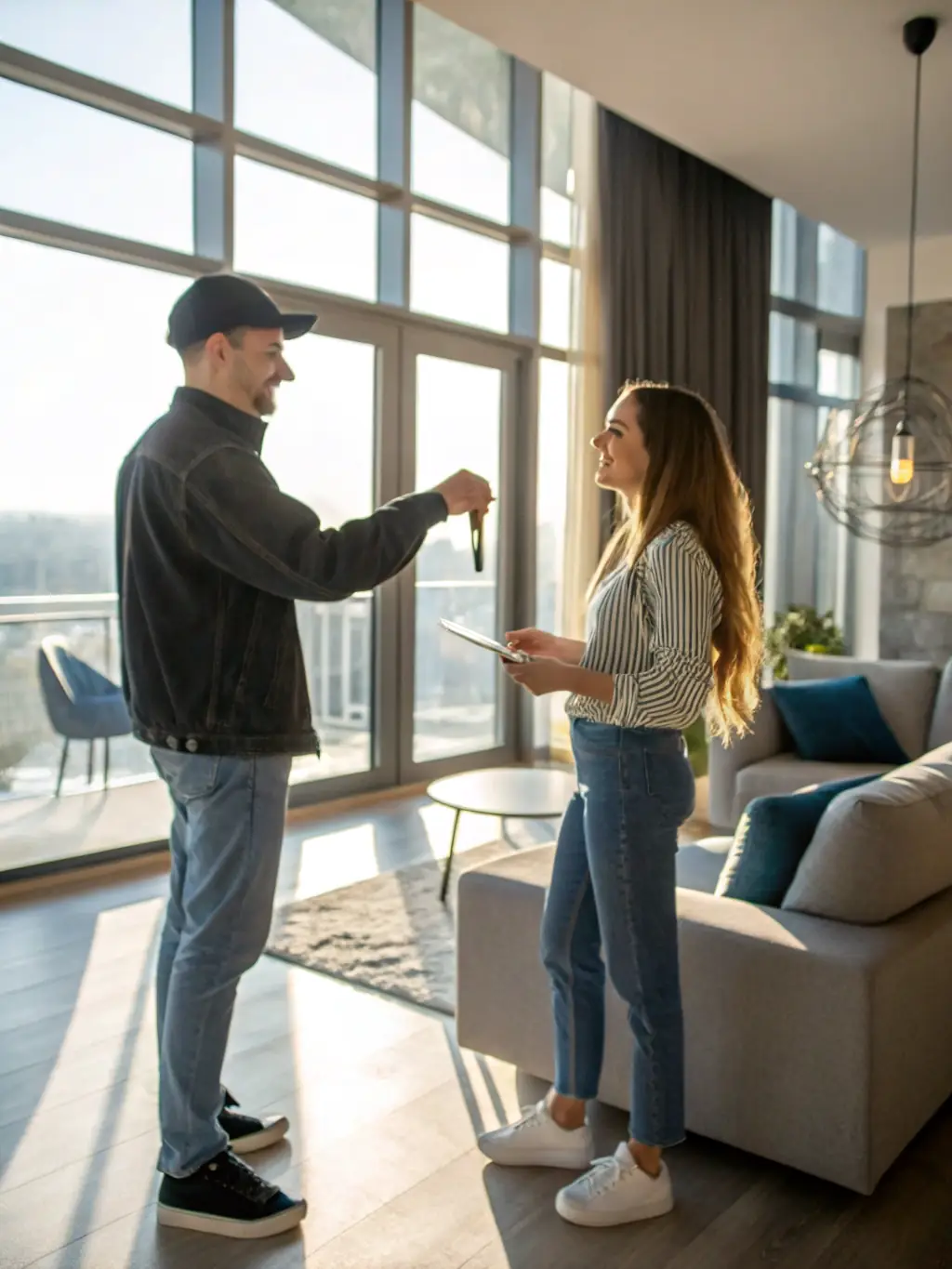A landlord handing over keys to a happy tenant in front of a modern apartment building, symbolizing a smooth and successful rental agreement.