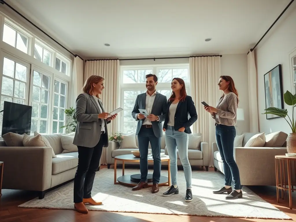 A real estate agent presenting a property to potential buyers in a well-staged living room, emphasizing the effectiveness of selling services.