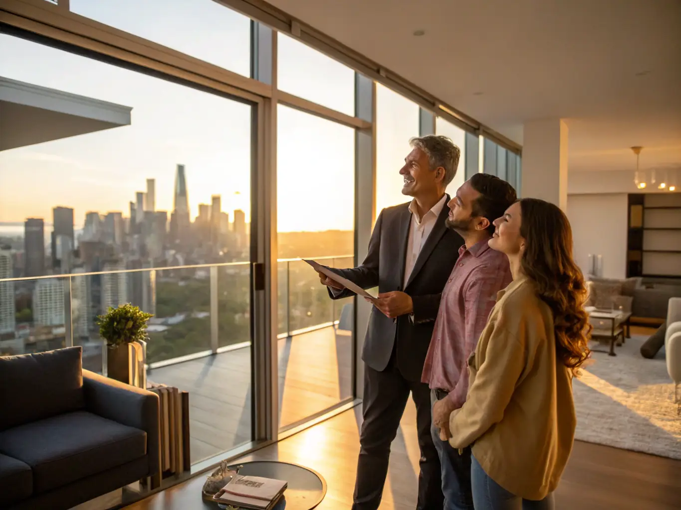 A friendly real estate agent showing a client around a modern apartment in Madrid, highlighting the benefits of buying assistance.