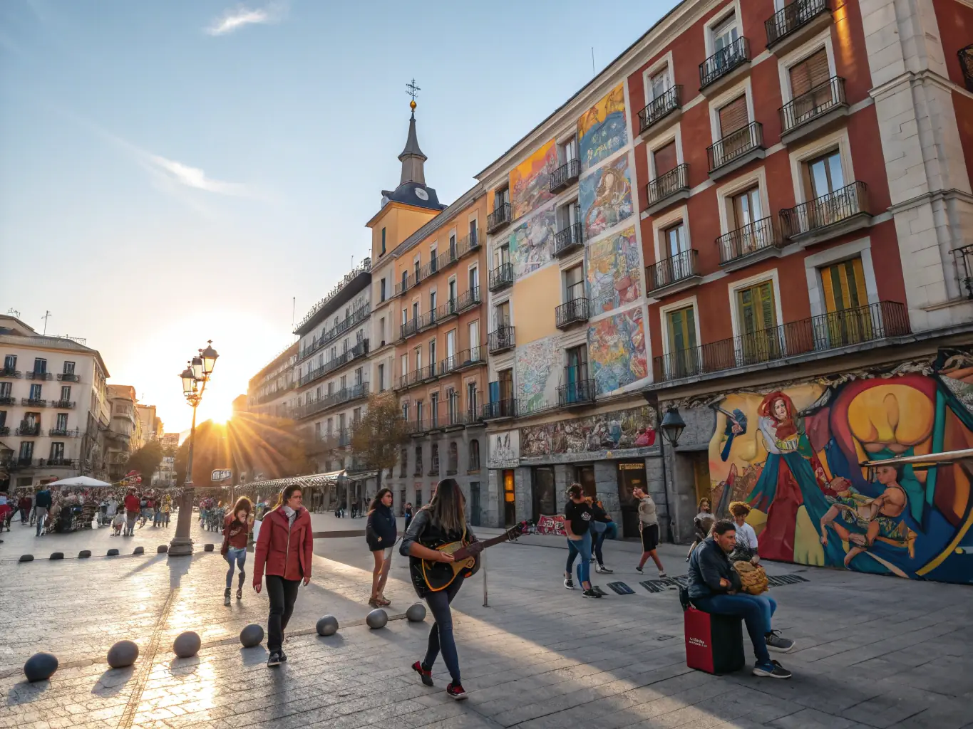 A vibrant street scene in Madrid, showcasing local shops, cafes, and cultural attractions near a Futuro Hogar property.