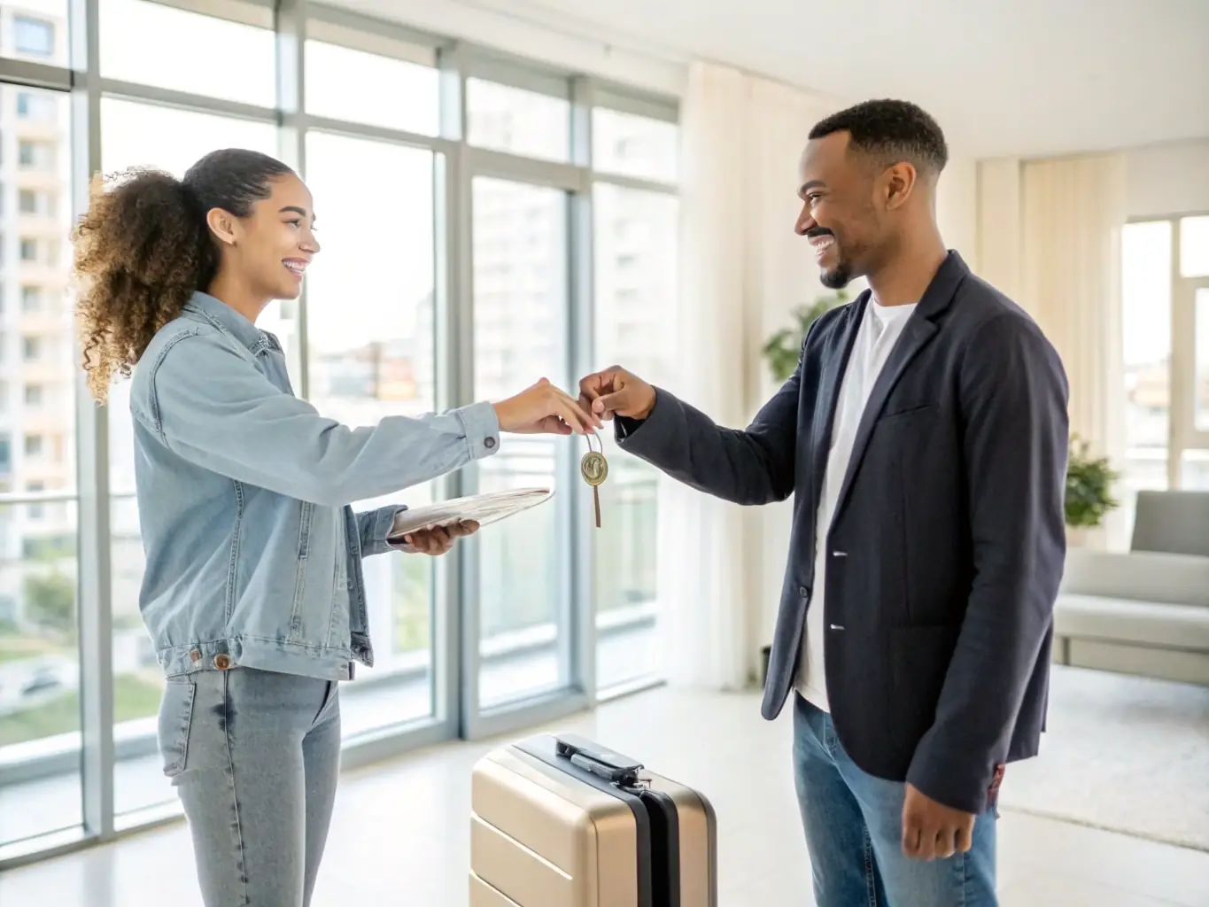 A landlord handing over keys to a happy tenant in front of a modern apartment building, showcasing the convenience of rental solutions.